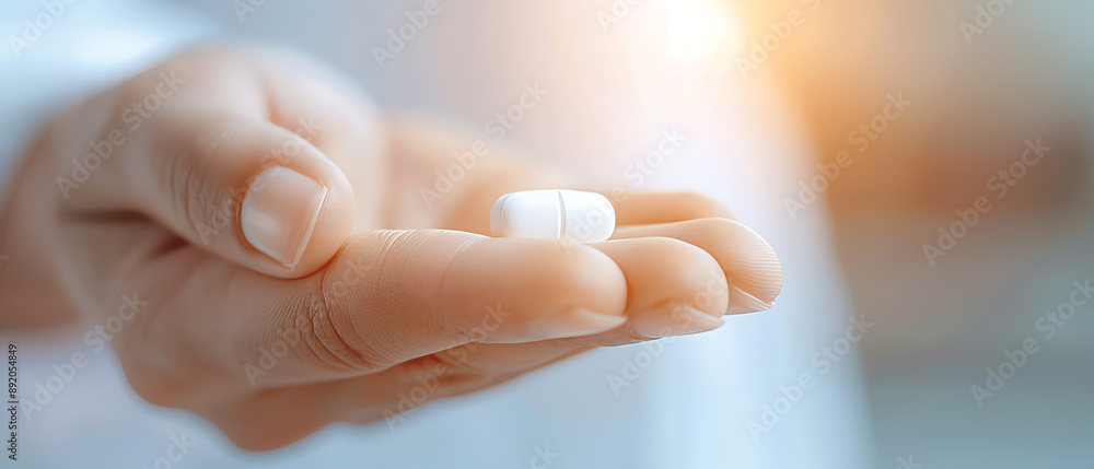 Closeup of a person taking vitamins, symbolizing health maintenance Closeup of a person taking vitamins, symbolizing health maintenance