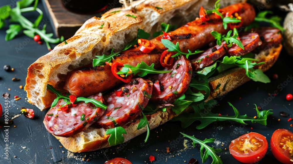 Rustic sandwich with sausages salami and greens on a table top view Rustic sandwich with sausages salami and greens on a table top view
