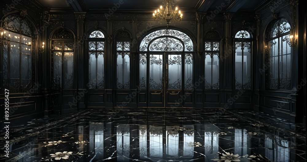 dark black door doorway entrance lobby of industrial gothic castle palace mansion. art deco art nuevo goth style with filigree ornamentals and patterns. dark black door doorway entrance lobby of industrial gothic castle palace mansion. art deco art nuevo goth style with filigree ornamentals and patterns.