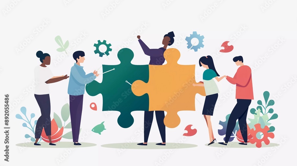 Business concept. Team metaphor. people connecting puzzle elements. Vector illustration flat design style. Very cool symbol of teamwork, cooperation, partnership vector Business concept. Team metaphor. people connecting puzzle elements. Vector illustration flat design style. Very cool symbol of teamwork, cooperation, partnership vector