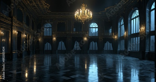 dark ballroom room interior of palace mansion gothic castle at night. elegant formal art deco decor and floral embellishments.