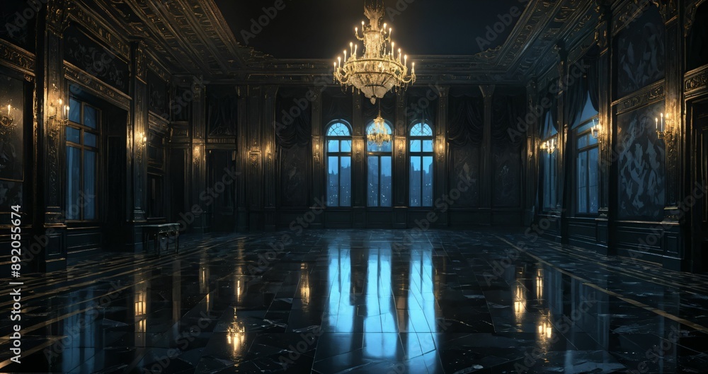 Obraz premium dark ballroom room interior of palace mansion gothic castle at night. elegant formal art deco decor and floral embellishments.