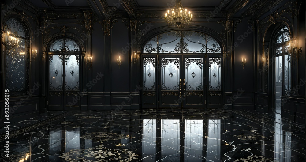 dark black door doorway entrance lobby of industrial gothic castle palace mansion. art deco art nuevo goth style with filigree ornamentals and patterns. dark black door doorway entrance lobby of industrial gothic castle palace mansion. art deco art nuevo goth style with filigree ornamentals and patterns.