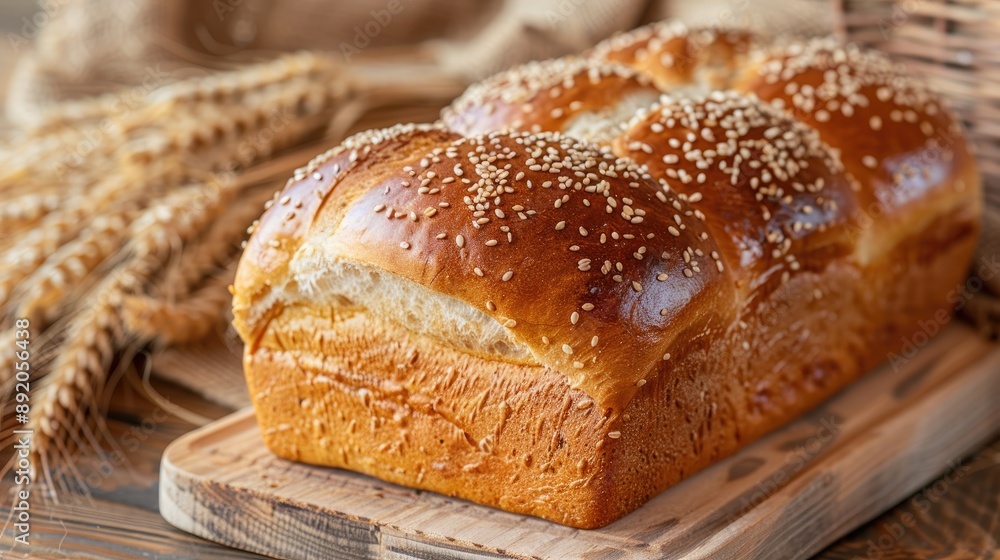 Homemade bread with wheat spikelets on wooden board Homemade bread with wheat spikelets on wooden board