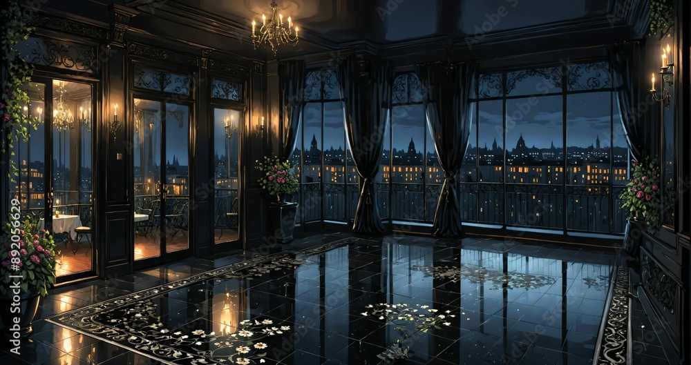 Obraz premium dark porch patio of mansion palace house interior with stone marble floor and city view on terrace through sliding glass doors. gothic design with gold ornamentals and patterns.