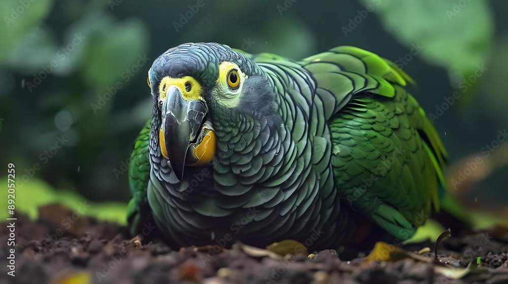 Fototapeta premium Orangecheeked Parrot Pyrilia barrabandi resting in the Amazon rainforest known locally as Papagaiodebochechaslaranjas