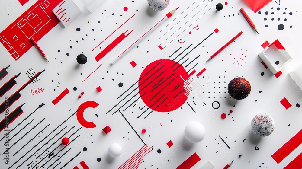 Design a compelling geometric presentation with red white black abstract hyper realistic Design a compelling geometric presentation with red white black abstract hyper realistic