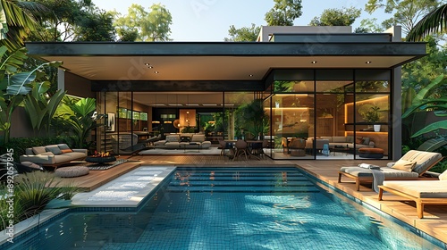 Wallpaper Mural A modern villa featuring a luxurious open-plan living area with glass walls, overlooking an elegant outdoor deck and swimming pool. Ideal for showcasing luxury real estate, Torontodigital.ca