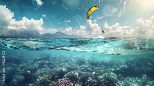 kitesurfing board floating on the water with the kite flying overhead