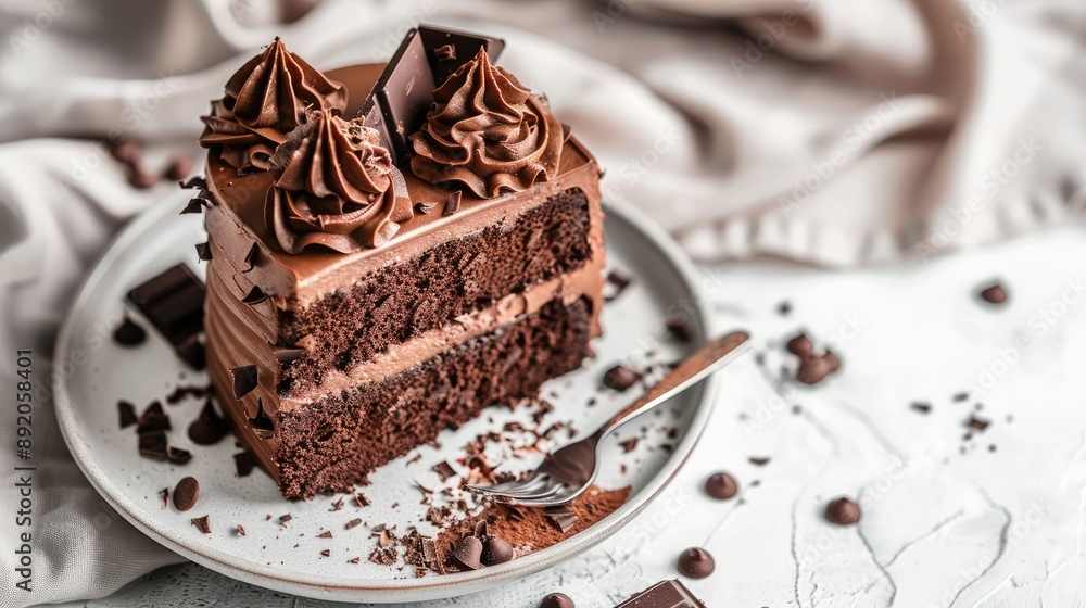 Chocolate cake with chocolate cream on plate against light backdrop Chocolate cake with chocolate cream on plate against light backdrop