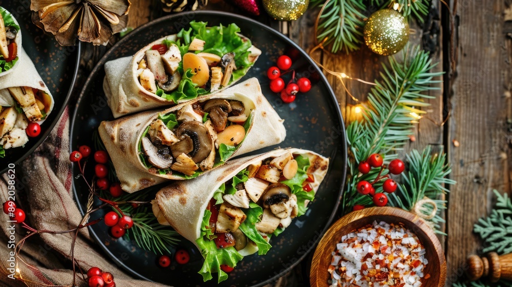 Creative Christmas appetizer Lavash wrapped with chicken and mushroom salad top view Creative Christmas appetizer Lavash wrapped with chicken and mushroom salad top view