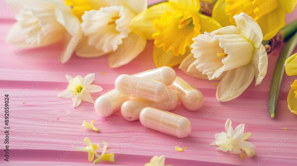 Cream capsules with daffodil extract on pink wooden surface Cream capsules with daffodil extract on pink wooden surface