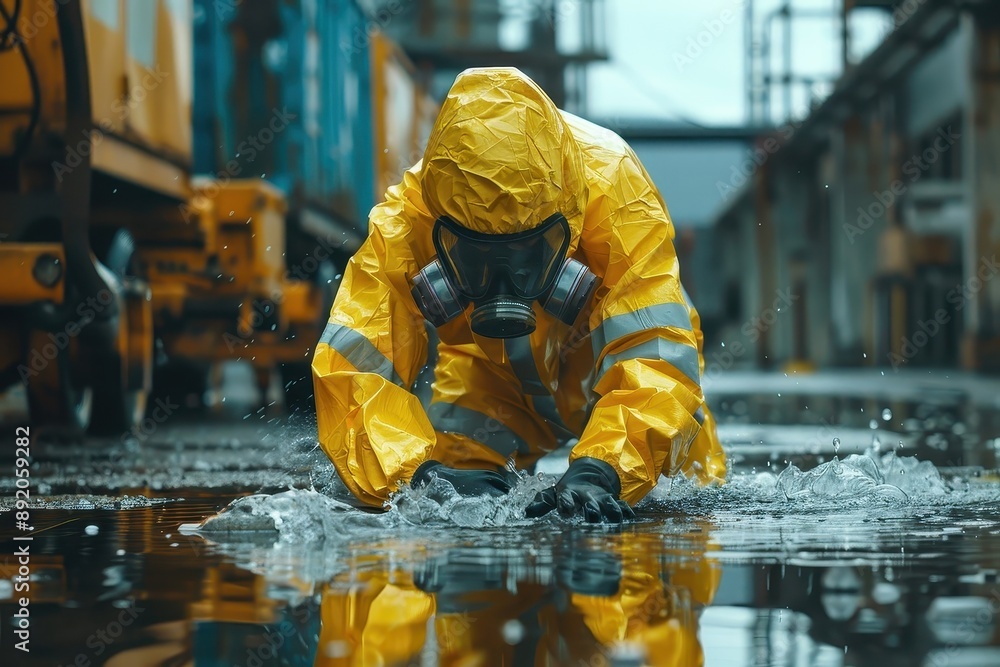A person in a hazmat suit safely cleaning up a hazardous chemical spill. A person in a hazmat suit safely cleaning up a hazardous chemical spill.