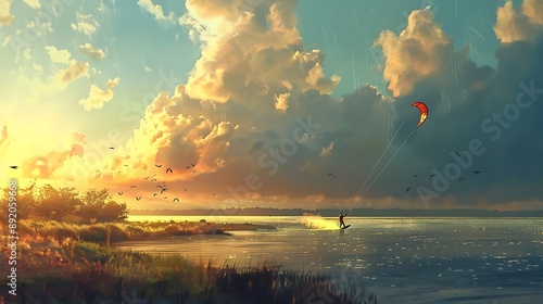 kitesurfing board floating on the water with the kite flying overhead