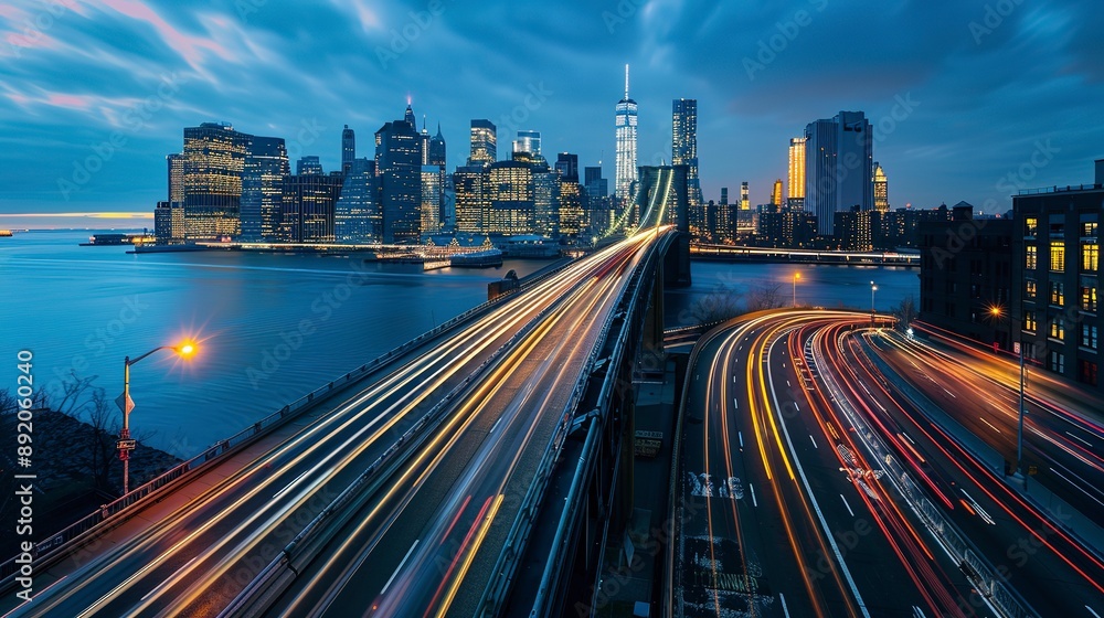 Obraz premium Long exposure shot of car light trails on the bridge with city skyline at blue hour in New York City 