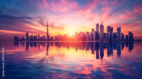 A city skyline is reflected in the water, with the sun setting in the background