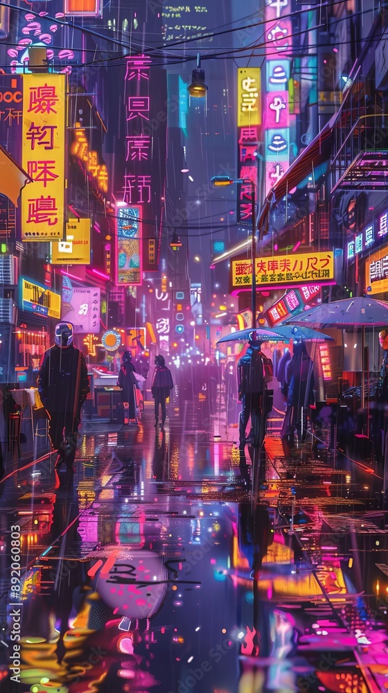 Obraz premium Neon street scene, crowded sidewalk, cyberpunk aesthetics, vibrant signs, neon glow, vivid colors, futuristic setting, detailed reflections, lively atmosphere