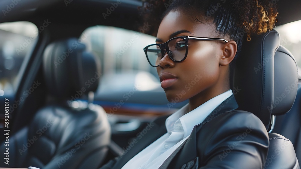 Portrait of successful black woman in business suit in luxury car interior, Portrait of successful black woman in business suit in luxury car interior,