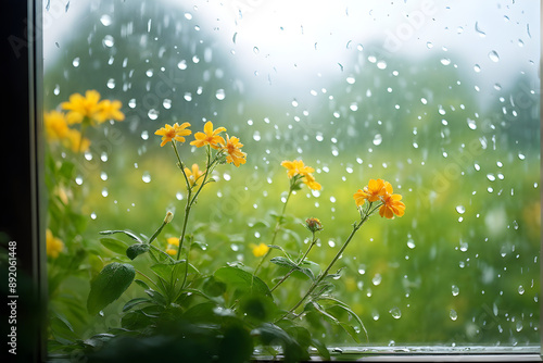 Spring background with rain drops on the window. Natural texture concept
 photo