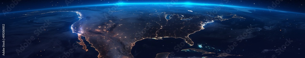 Fototapeta premium 5G Tsunami: Illuminating the Path to High-Speed Connectivity in North America with a Map of Light Waves Spreading Across the Continent's 5G Network