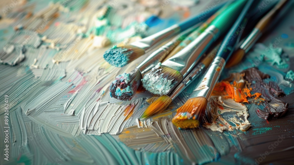 Selective focus and shallow depth of field of paintbrushes on a table Selective focus and shallow depth of field of paintbrushes on a table