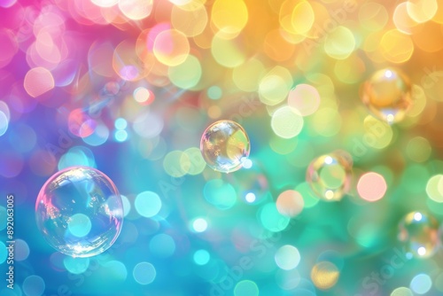 Floating Bubbles in a Prismatic Display: Ethereal Bubbles Drifting Against a Rainbow Backdrop with a Bokeh Effect.