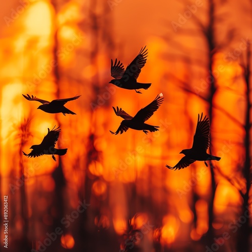 Birds flying away from a burning forest, escape, wildfire, nature, focus cover all  object, deep depth of field, no blur, photo