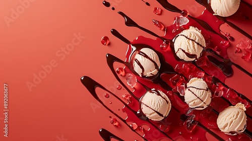 Ice cream scoops with springles and chocolate saus on red background photo