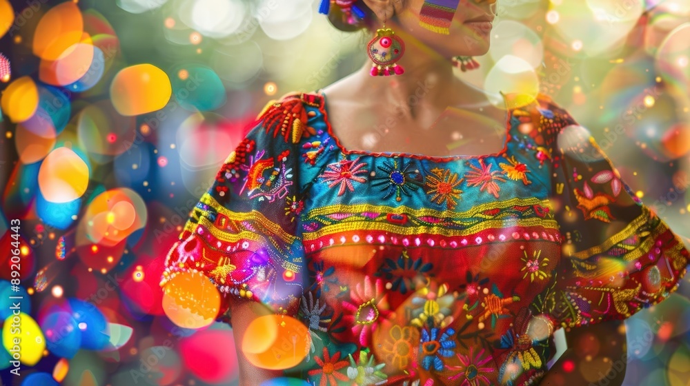 Colorful traditional dress with intricate patterns and bokeh lights background, capturing vibrant cultural essence. Colorful traditional dress with intricate patterns and bokeh lights background, capturing vibrant cultural essence.