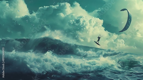 kitesurfing kite soaring high above the sea with waves crashing below