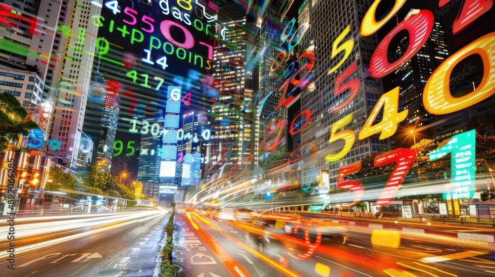 City lights and data streams in a bustling cityscape. City lights and data streams in a bustling cityscape.