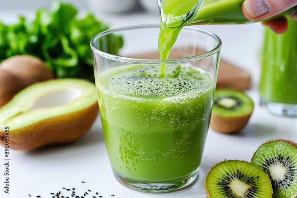 A hand hold A glass of kiwi fruit juice, healthy drink vegan food A hand hold A glass of kiwi fruit juice, healthy drink vegan food
