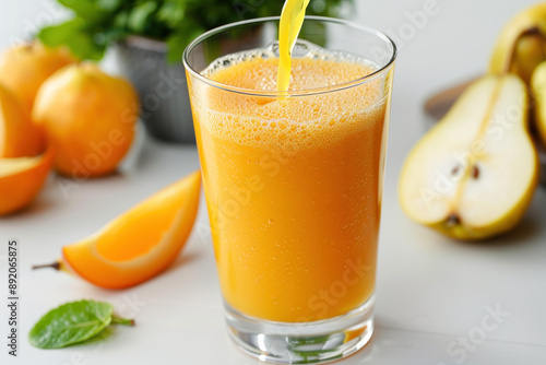A glass of pear fruit juice, healthy drink vegan food