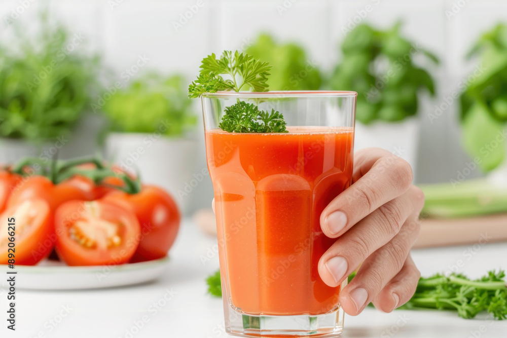 A hand hold A glass of tomato fruit juice, healthy drink vegan food A hand hold A glass of tomato fruit juice, healthy drink vegan food