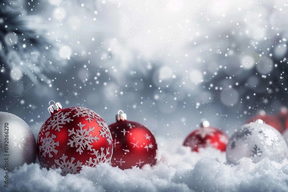 Christmas Card - Baubles On- Snow With Snowy Fir Branches Christmas Card - Baubles On- Snow With Snowy Fir Branches