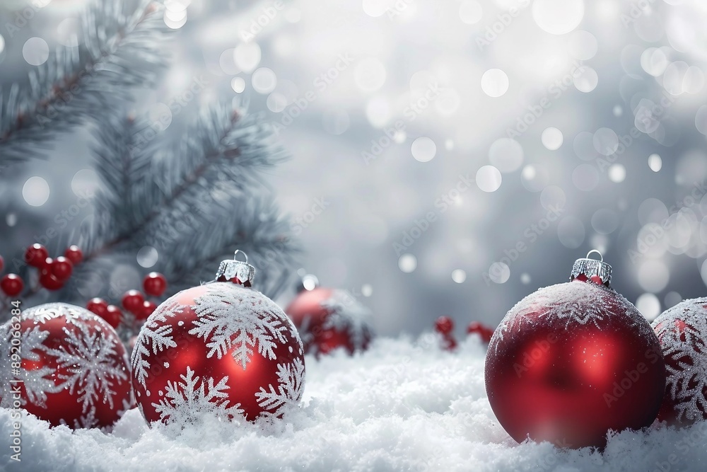 Christmas Card - Baubles On- Snow With Snowy Fir Branches Christmas Card - Baubles On- Snow With Snowy Fir Branches