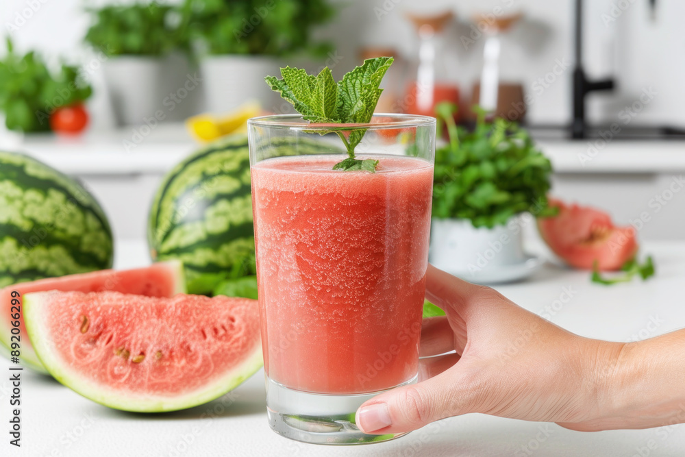 A hand hold A glass of watermelon fruit juice, healthy drink vegan food A hand hold A glass of watermelon fruit juice, healthy drink vegan food