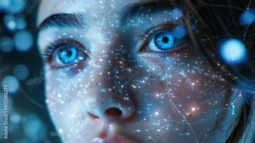 A close-up portrait of a woman with bright blue eyes and a face illuminated by sparkling lights.