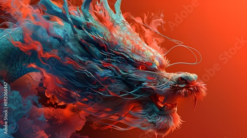 Dragon of Fire and Smoke:  A powerful and majestic dragon emerges from a swirling cloud of fire and smoke, its scales shimmering with a vibrant blue,  against a fiery orange background.  A breathtakin photo