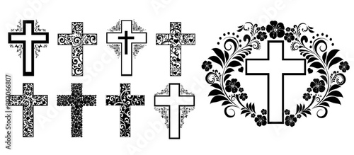 Religion cross icon set isolated on white background.  Big Collection of Christian Symbol design. Decorated crosses signs or ornamented crosses symbols. Vector illustration
