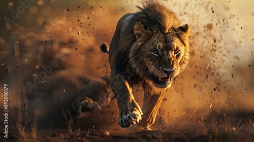 A majestic lion running towards the camera, chasing its prey with a fierce expression, cinematic and highly detailed, in an African savanna with dust flying and muscles rippling. photo