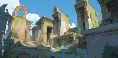 Eternal Echoes of the Past: A Hauntingly Beautiful Illustration of Ancient Ruins Set Against a Mystical Background. photo