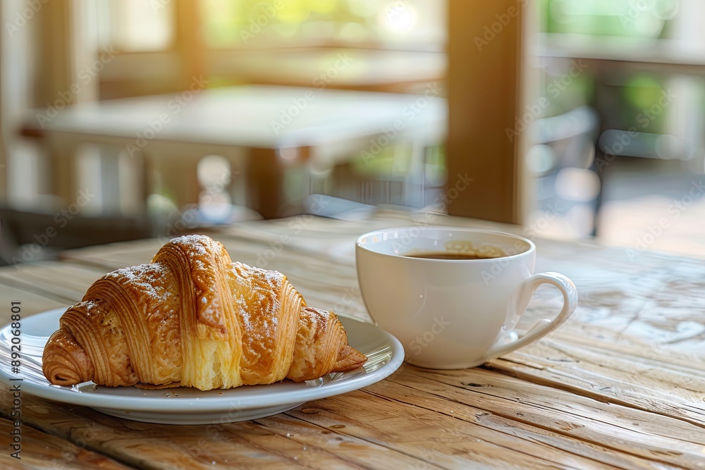 Fresh Croissant with Coffee on Wooden Table Fresh Croissant with Coffee on Wooden Table