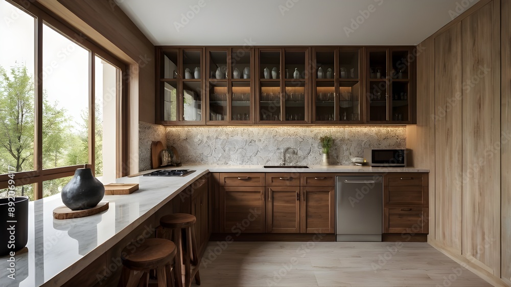 Home kitchen interior with bar counter, cabinet and window. Mock up wal. Home kitchen interior with bar counter, cabinet and window. Mock up wal.