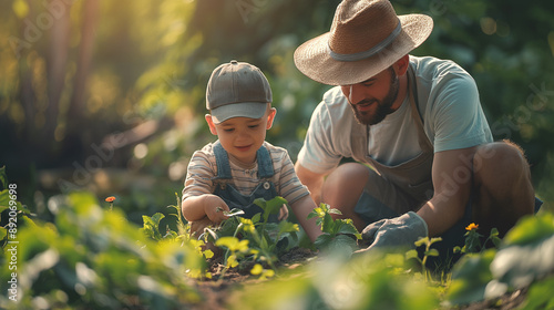 Cute little boy and his handsome father are gardening together in the garden.	
 photo