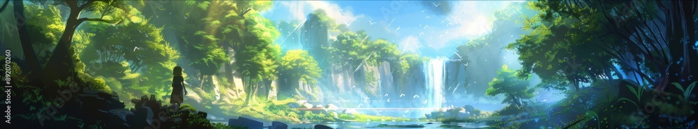 Obraz premium Anime-Inspired Hidden Paradise: A Serene Animated Waterfall Haven Amidst Lush Greenery, a Secret Gem of Nature's Artistry.