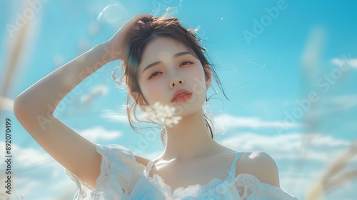 Beach Breeze: Asian Woman Created by Generative AI photo