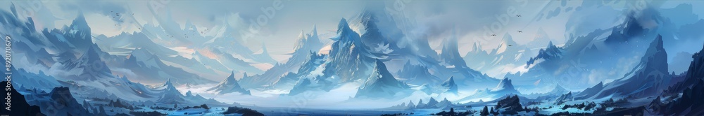 Fototapeta premium Mystical Anime-Style Mountain Range: A Fantasy Landscape that Captures the Essence of Enchanted Peaks and Otherworldly Terrain.