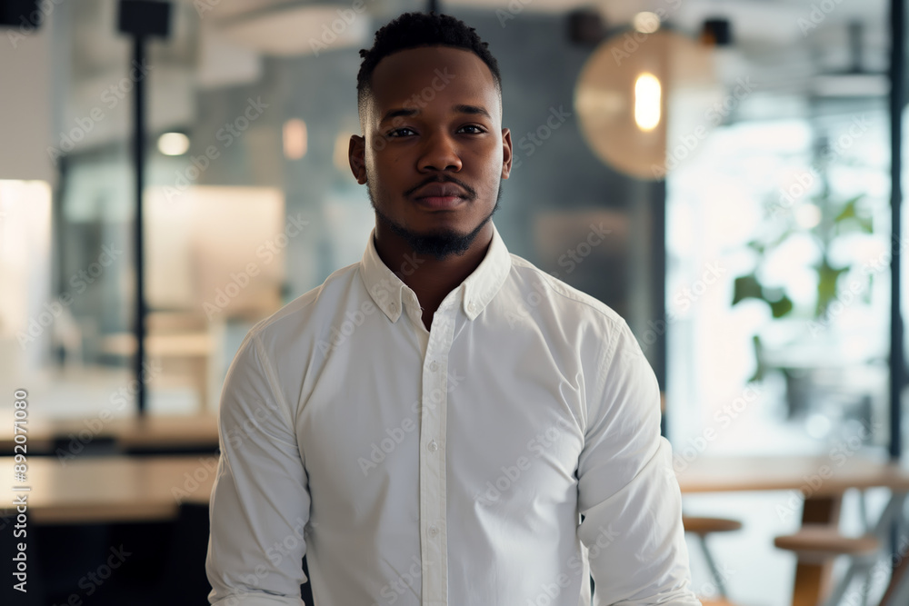 Fototapeta premium Confident Young Professional in Modern Office Setting Wearing White Shirt
