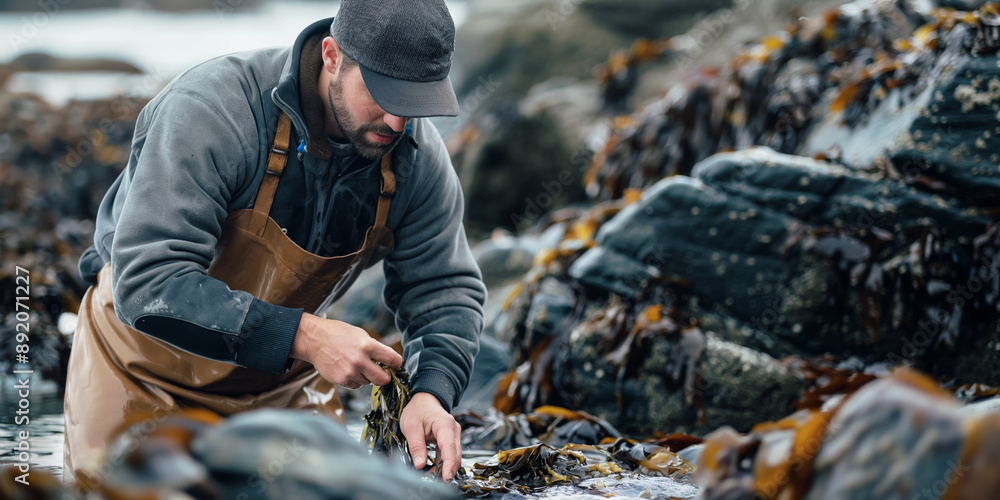 Seaweed Forager in Protective Gear Harvesting Seaweed on Rocky Shore Seaweed Forager in Protective Gear Harvesting Seaweed on Rocky Shore
